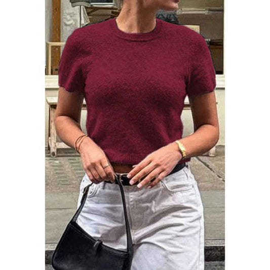 Solid Wool O Neck Knit Short Sleeve Shirt