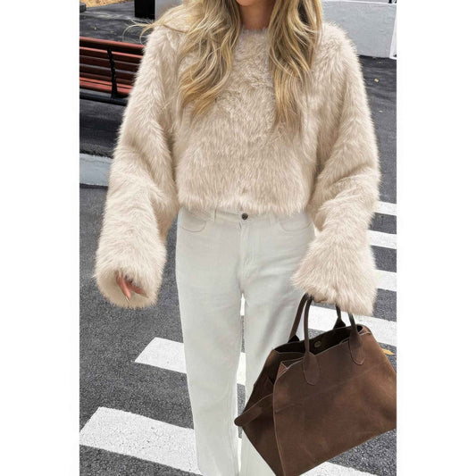 Solid Faux Fur Back Hide Zipper Pullover Coat