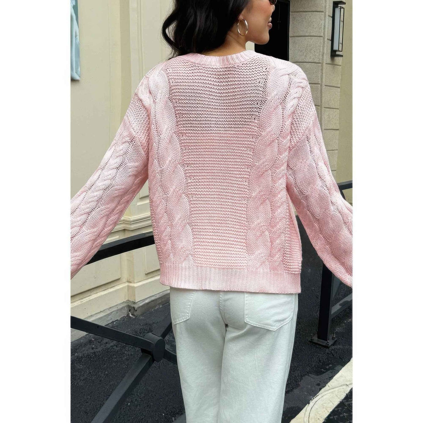 Solid Round Neck Cable Knit Pullover Sweater