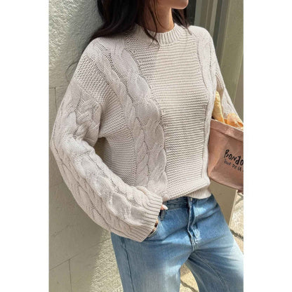 Solid Round Neck Cable Knit Pullover Sweater
