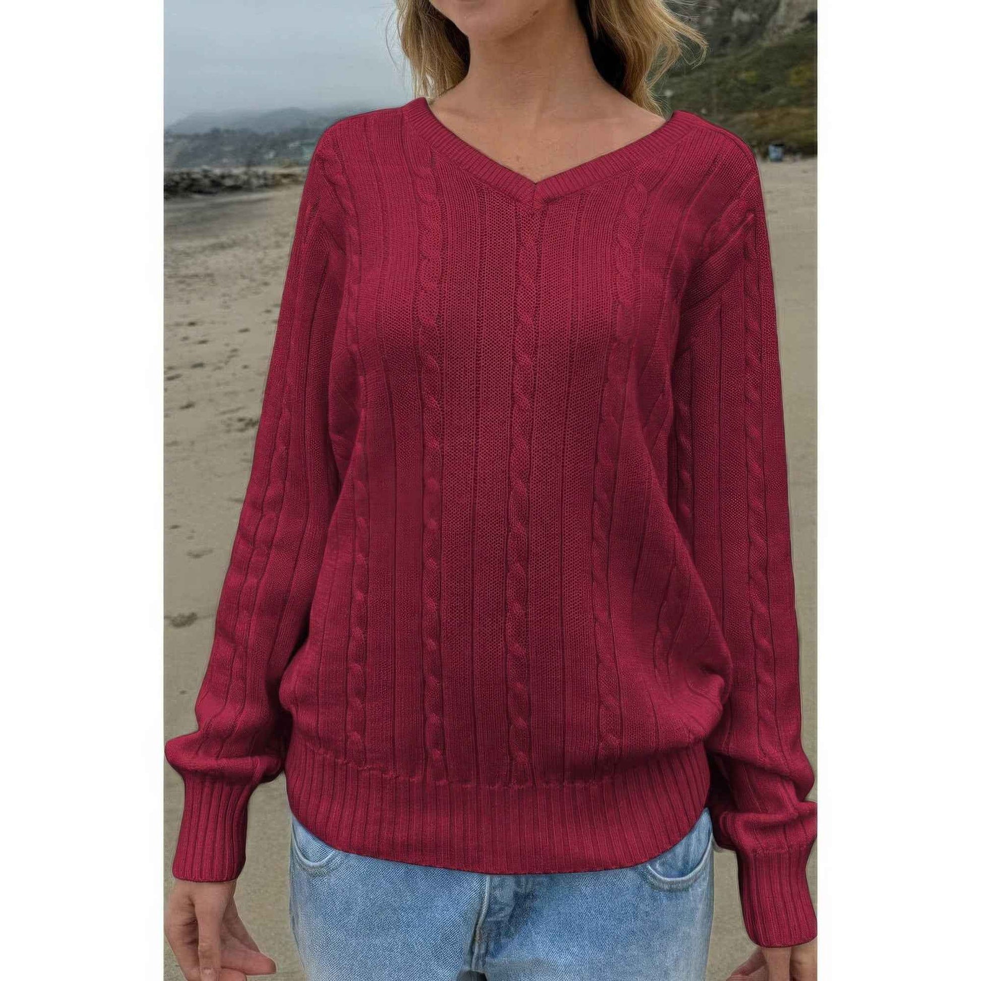 V Neck Solid Long Sleeves Cable Knit Sweater