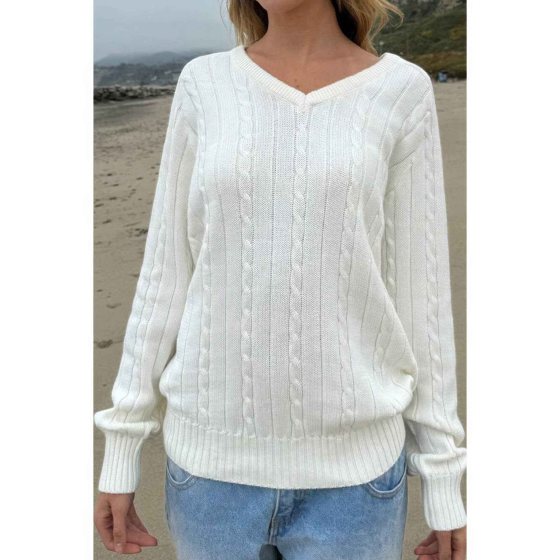 V Neck Solid Long Sleeves Cable Knit Sweater