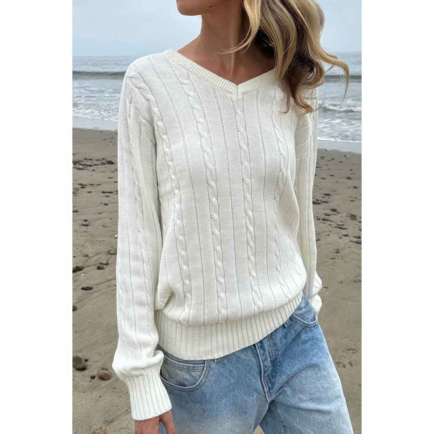 V Neck Solid Long Sleeves Cable Knit Sweater