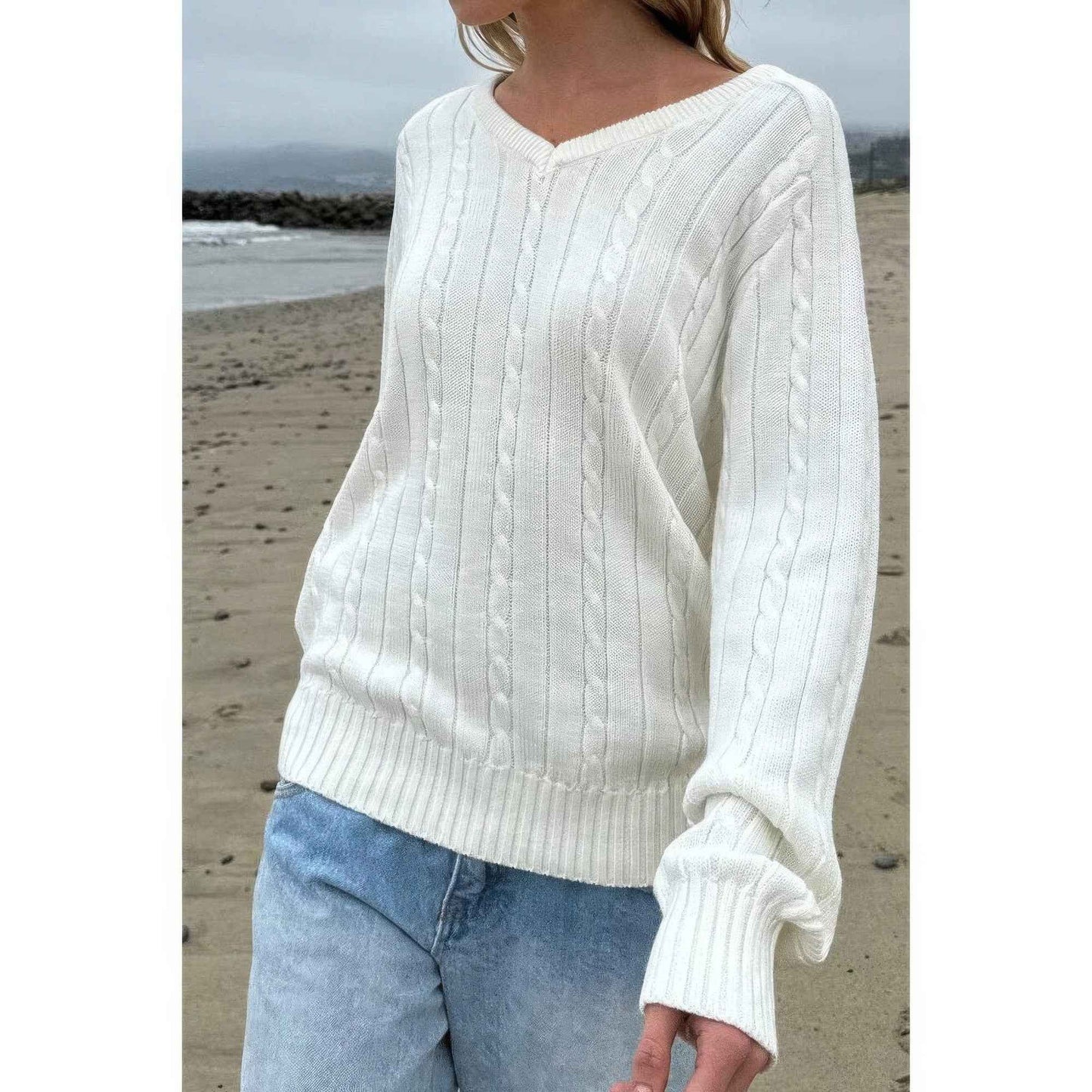 V Neck Solid Long Sleeves Cable Knit Sweater