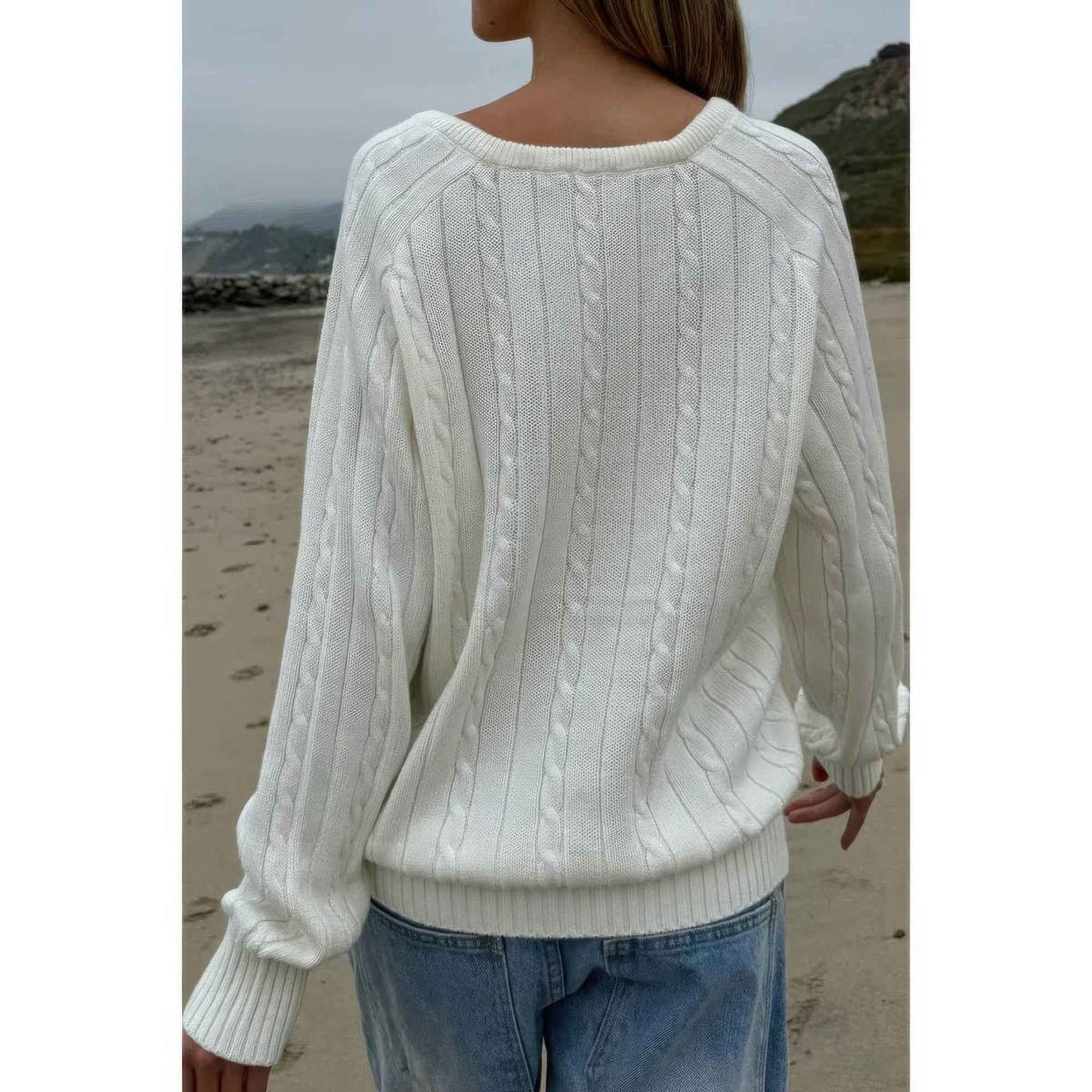 V Neck Solid Long Sleeves Cable Knit Sweater