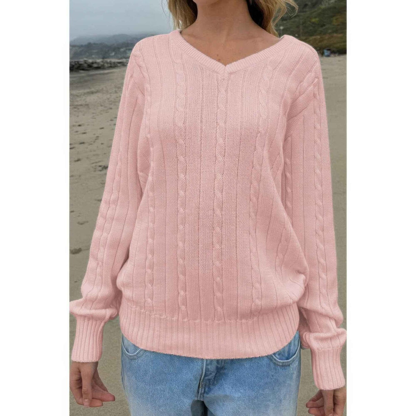 V Neck Solid Long Sleeves Cable Knit Sweater