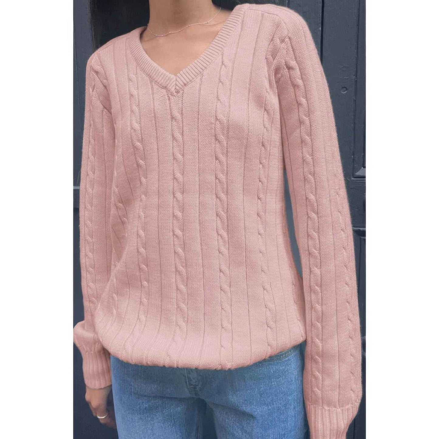 V Neck Solid Long Sleeves Cable Knit Sweater
