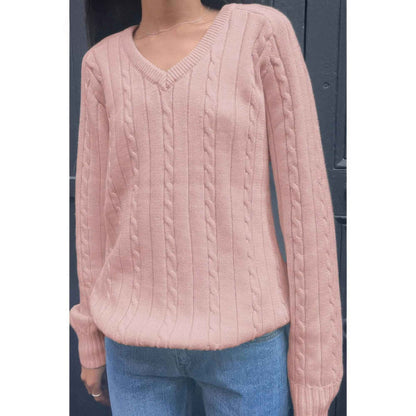 V Neck Solid Long Sleeves Cable Knit Sweater