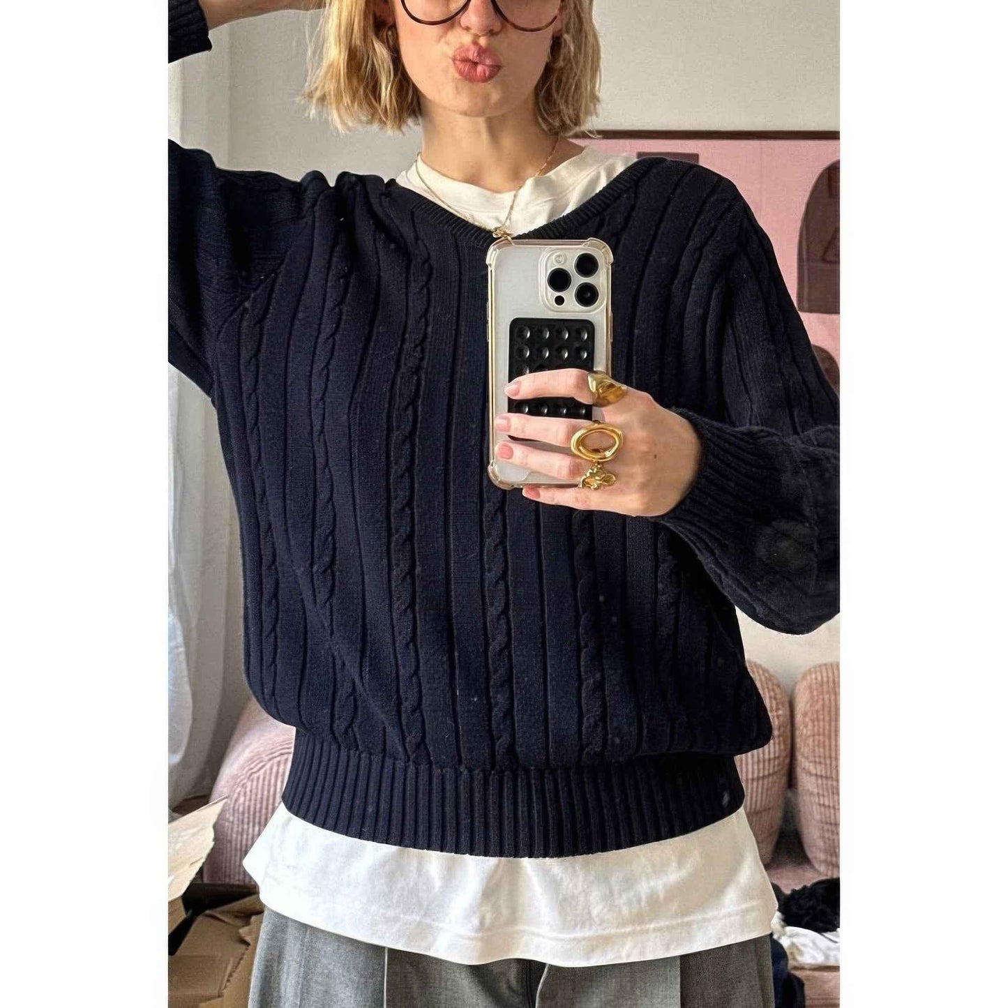 V Neck Solid Long Sleeves Cable Knit Sweater