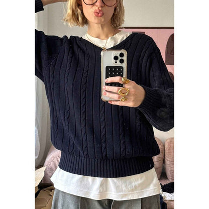 V Neck Solid Long Sleeves Cable Knit Sweater