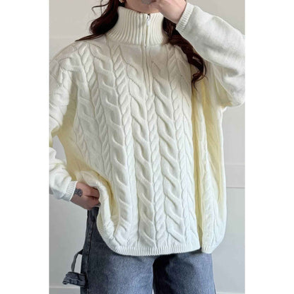 Cable Knit Half Zipper Solid Loose Sweater