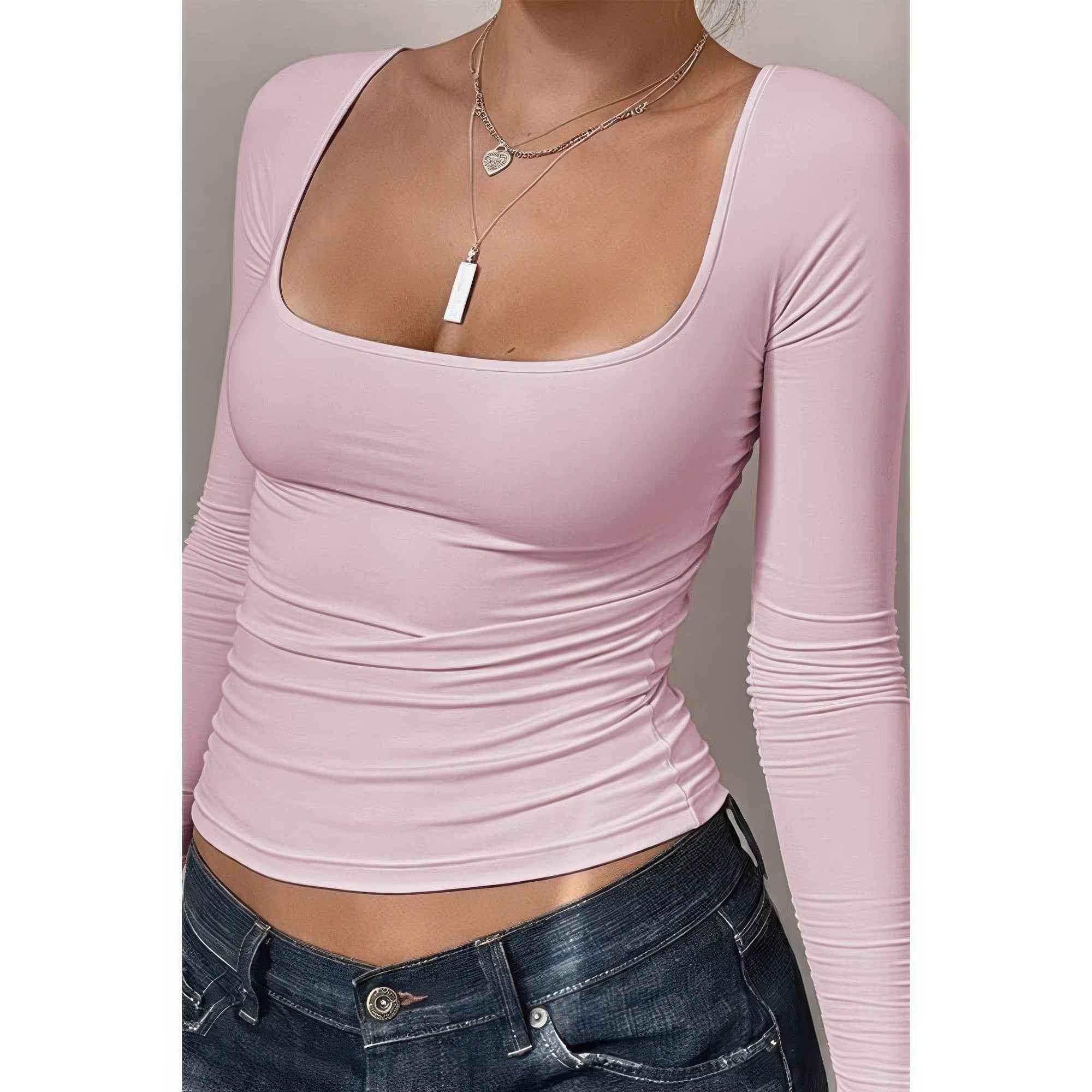Knit Scoop Square Neck Long Sleeve Fit Shirt
