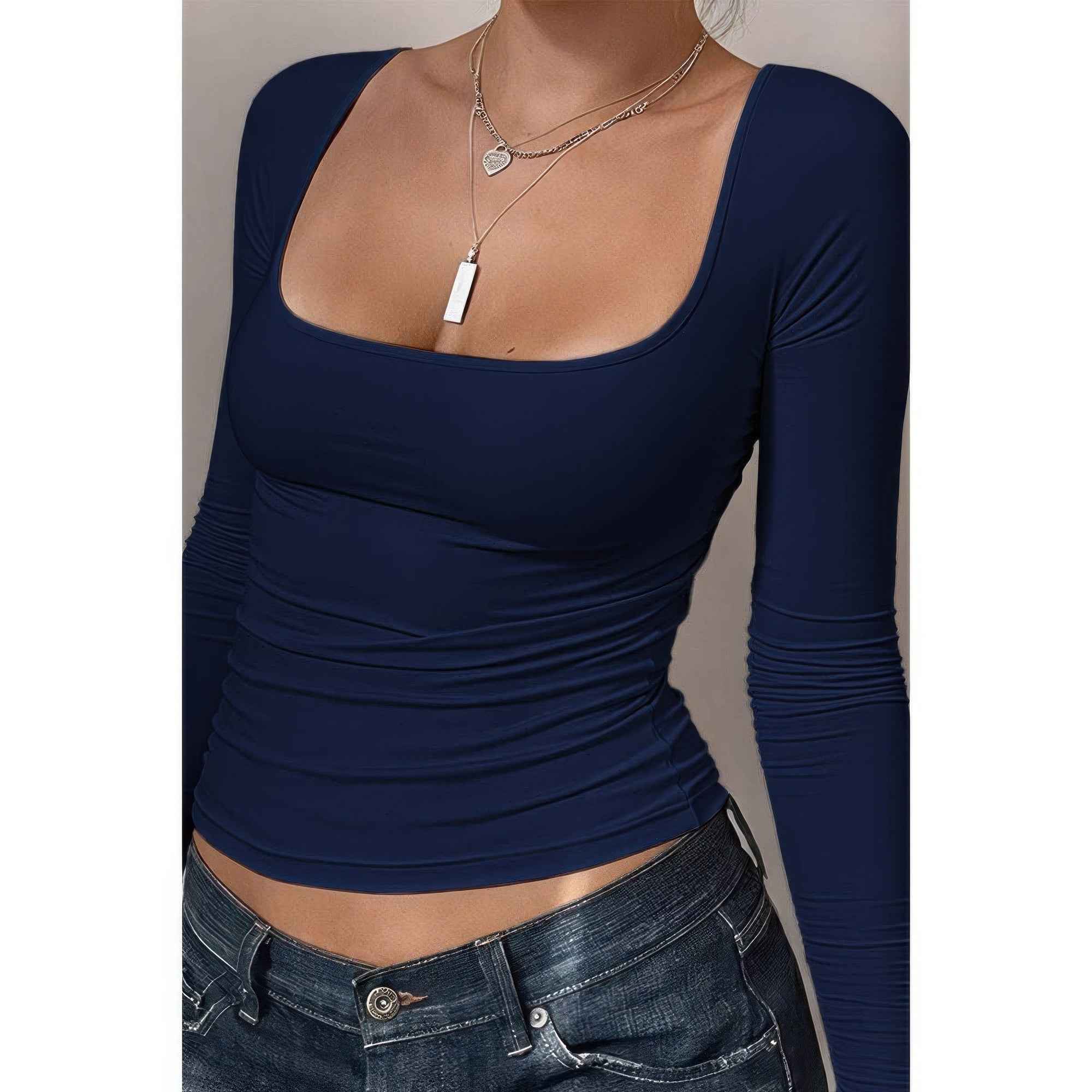 Knit Scoop Square Neck Long Sleeve Fit Shirt