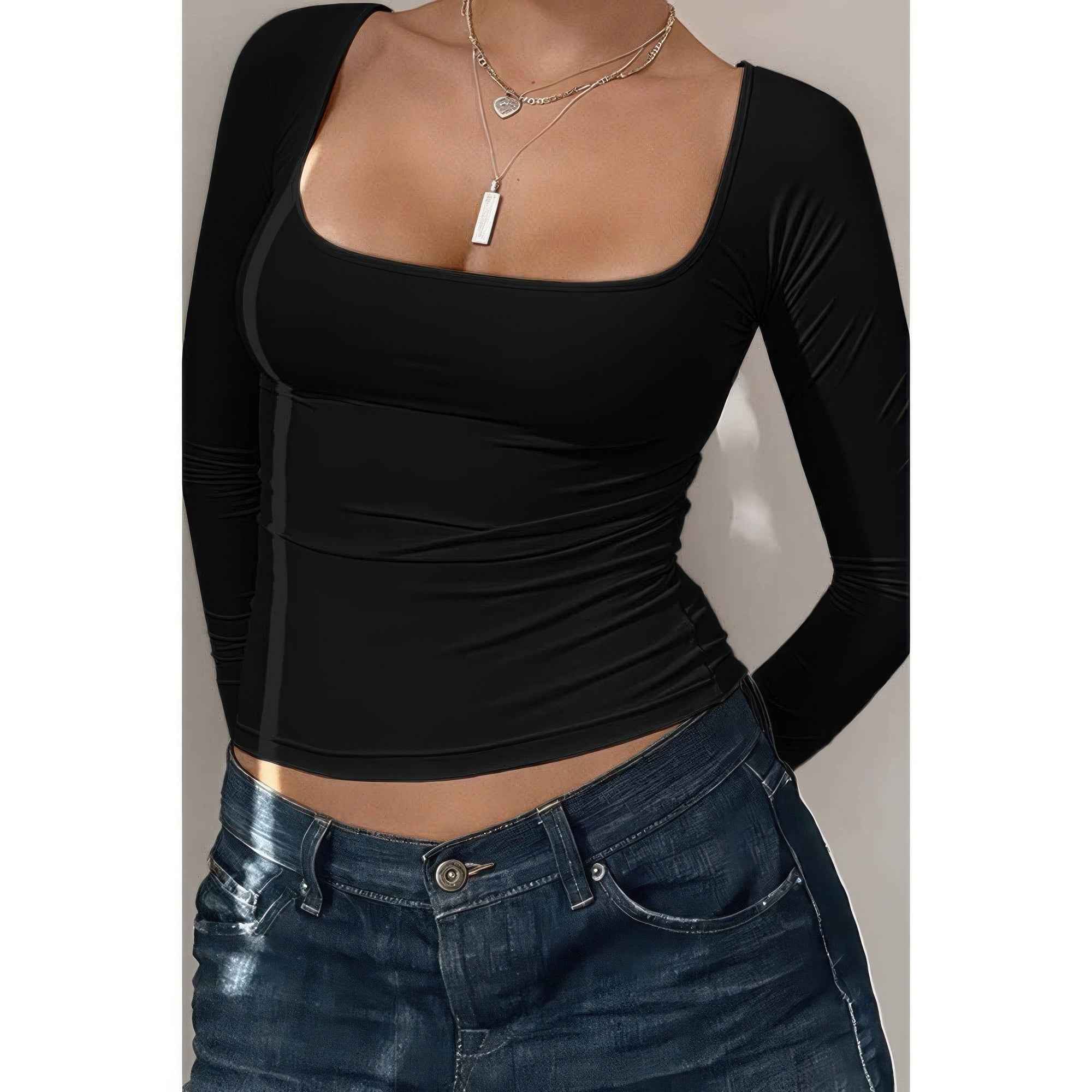 Knit Scoop Square Neck Long Sleeve Fit Shirt