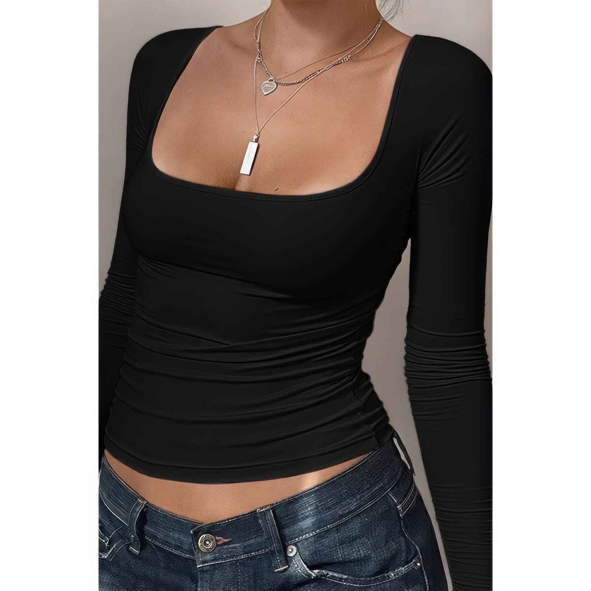 Knit Scoop Square Neck Long Sleeve Fit Shirt