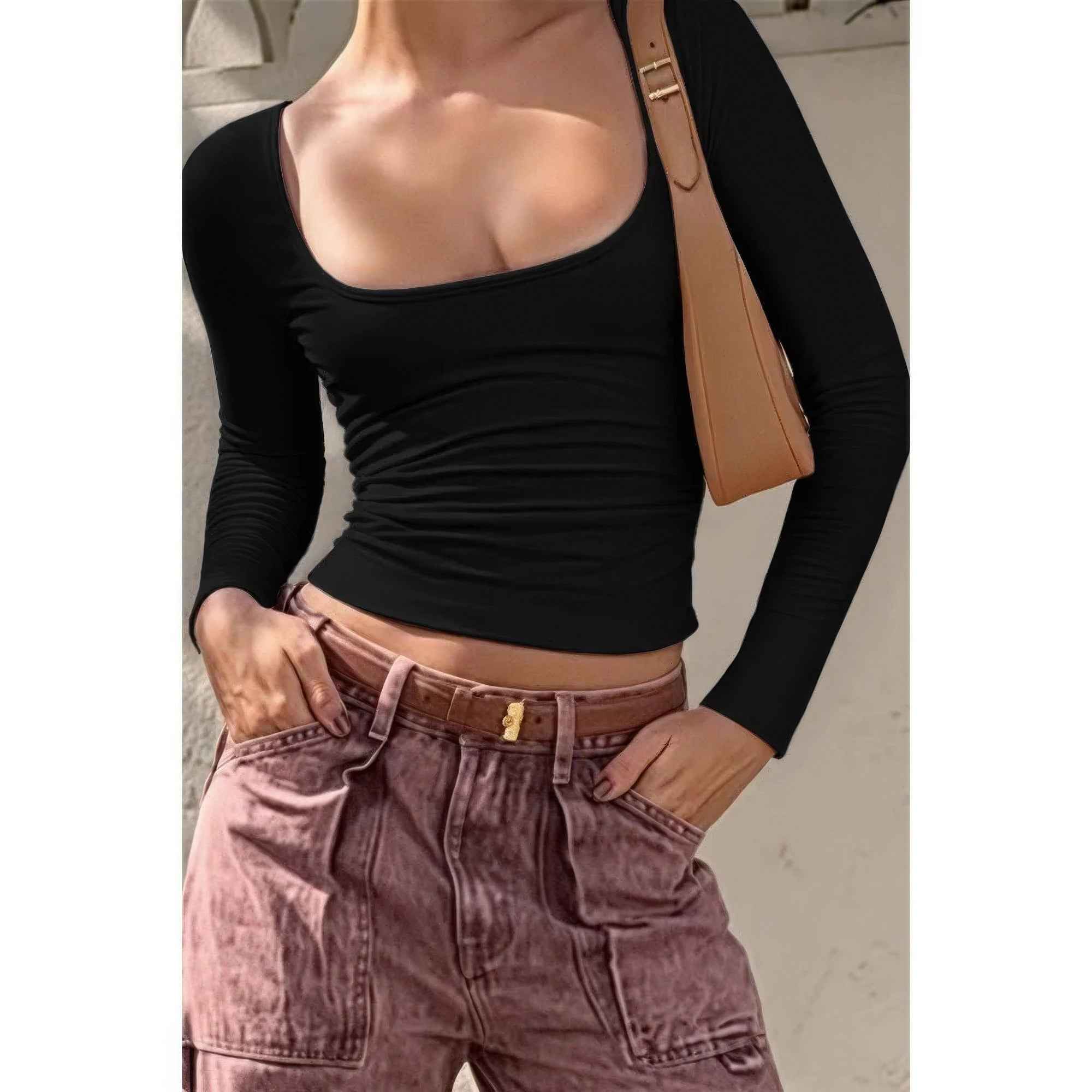 Knit Scoop Square Neck Long Sleeve Fit Shirt