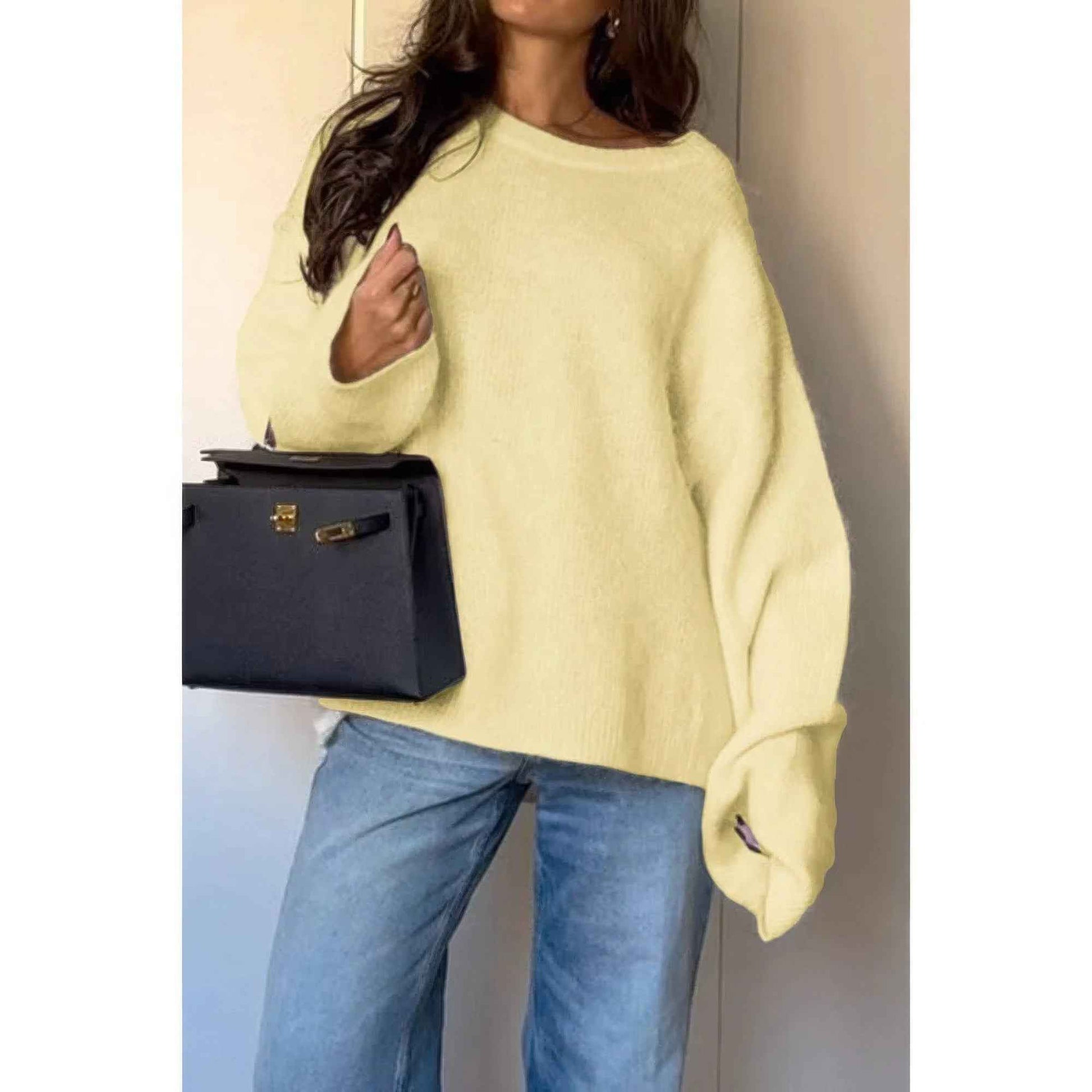 Solid Round Neck Long Sleeved Knit Loose Sweater