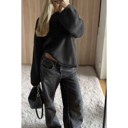 Solid Round Neck Long Sleeved Knit Loose Sweater