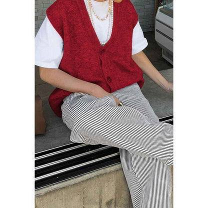 Solid V Neck Sleeveless Knitted Cardigan Vest