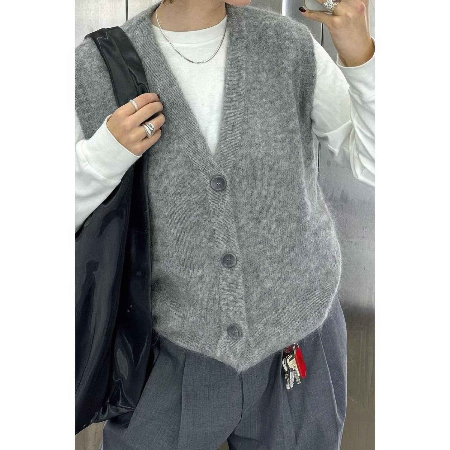 Solid V Neck Sleeveless Knitted Cardigan Vest
