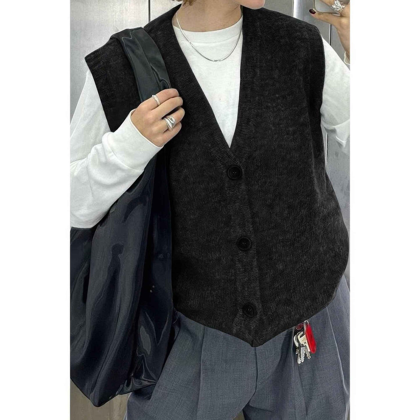 Solid V Neck Sleeveless Knitted Cardigan Vest