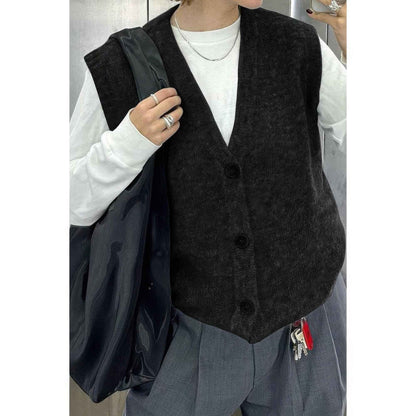 Solid V Neck Sleeveless Knitted Cardigan Vest