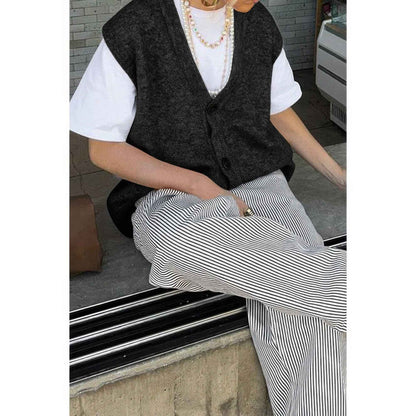 Solid V Neck Sleeveless Knitted Cardigan Vest