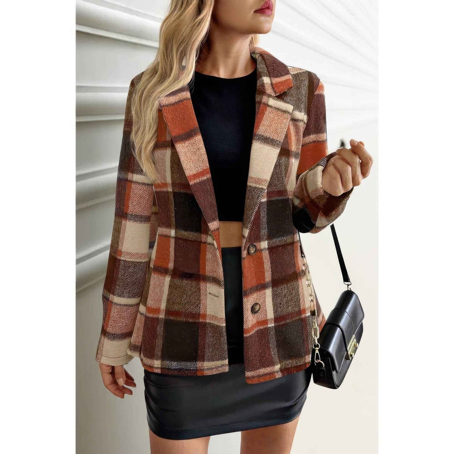 Plaid Lapel Collar Long Sleeve Button Coat