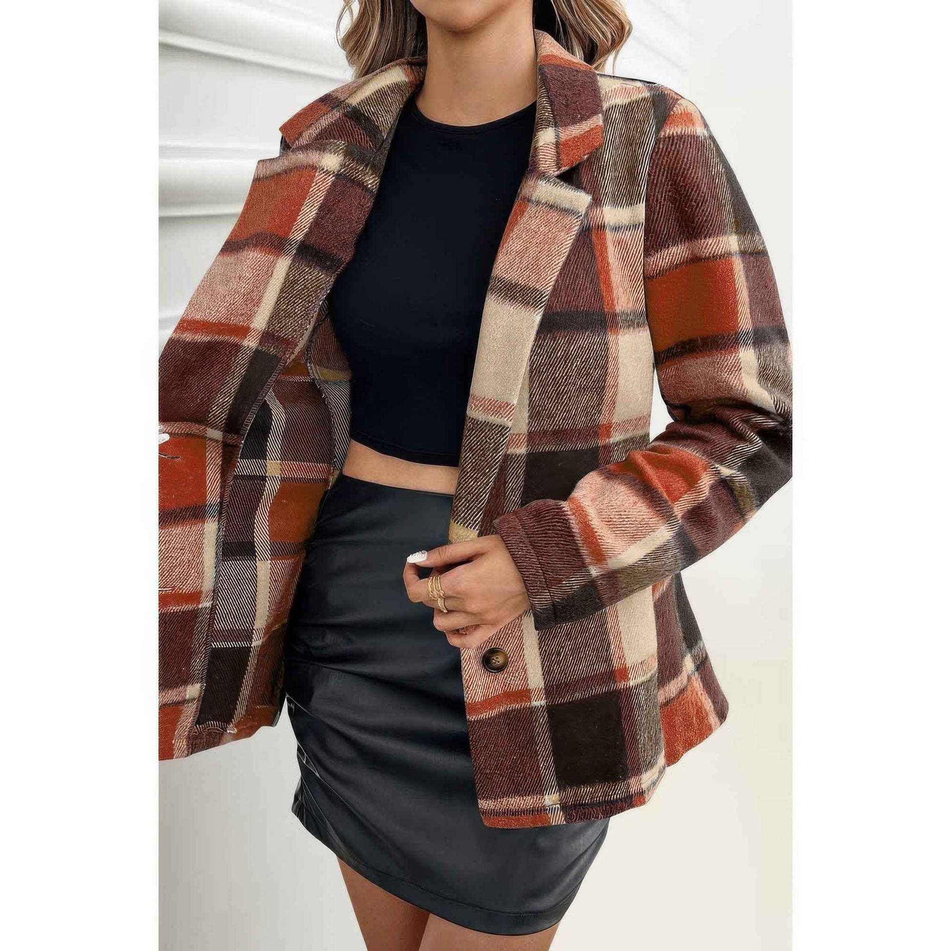 Plaid Lapel Collar Long Sleeve Button Coat