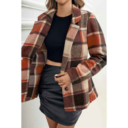 Plaid Lapel Collar Long Sleeve Button Coat