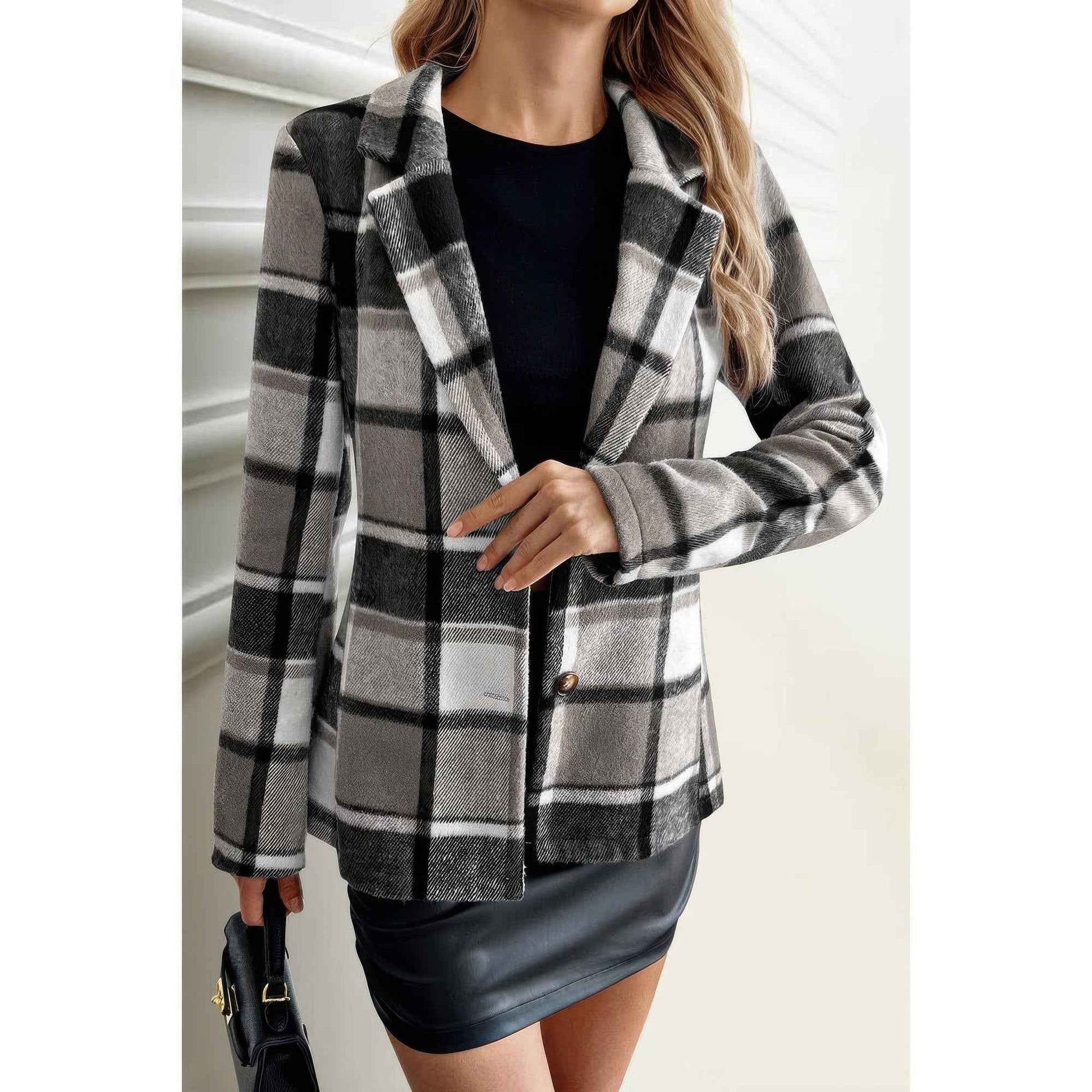 Plaid Lapel Collar Long Sleeve Button Coat