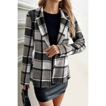 Plaid Lapel Collar Long Sleeve Button Coat