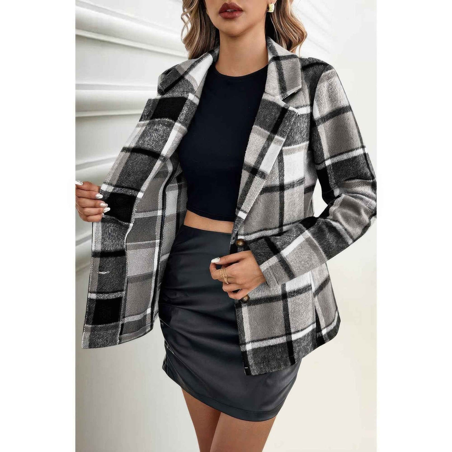 Plaid Lapel Collar Long Sleeve Button Coat