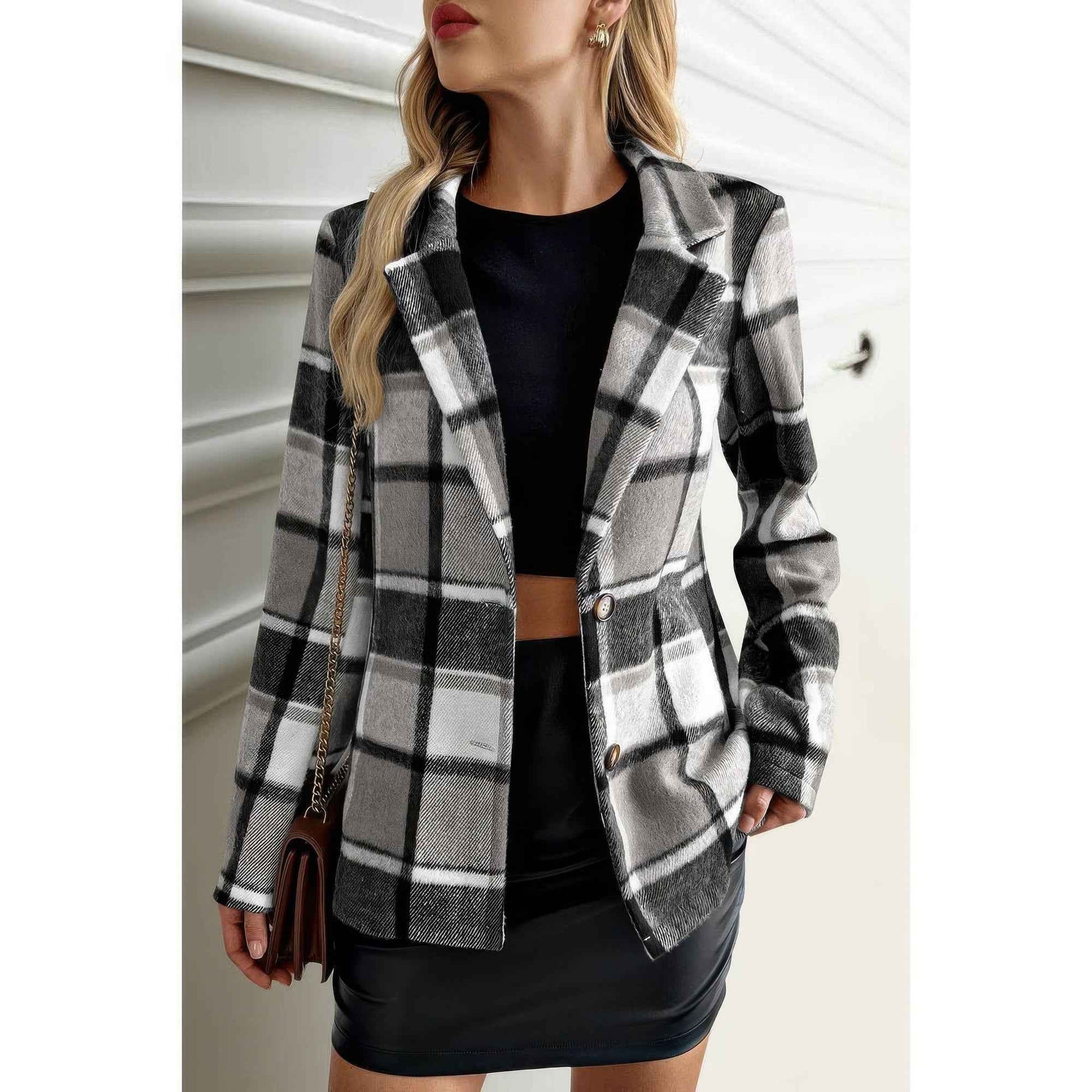 Plaid Lapel Collar Long Sleeve Button Coat