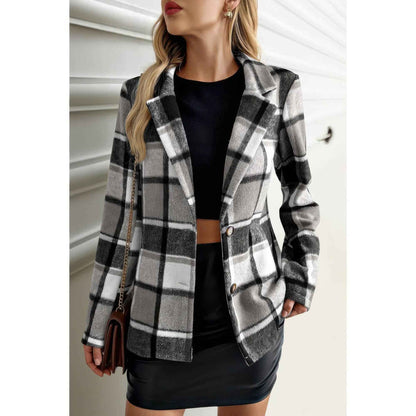 Plaid Lapel Collar Long Sleeve Button Coat