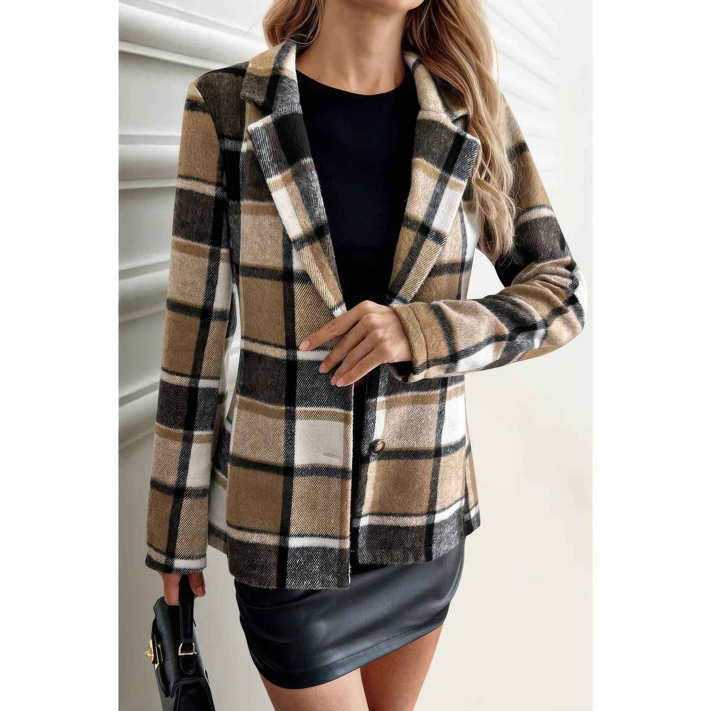 Plaid Lapel Collar Long Sleeve Button Coat