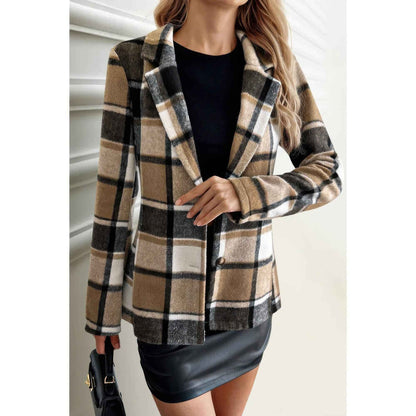 Plaid Lapel Collar Long Sleeve Button Coat
