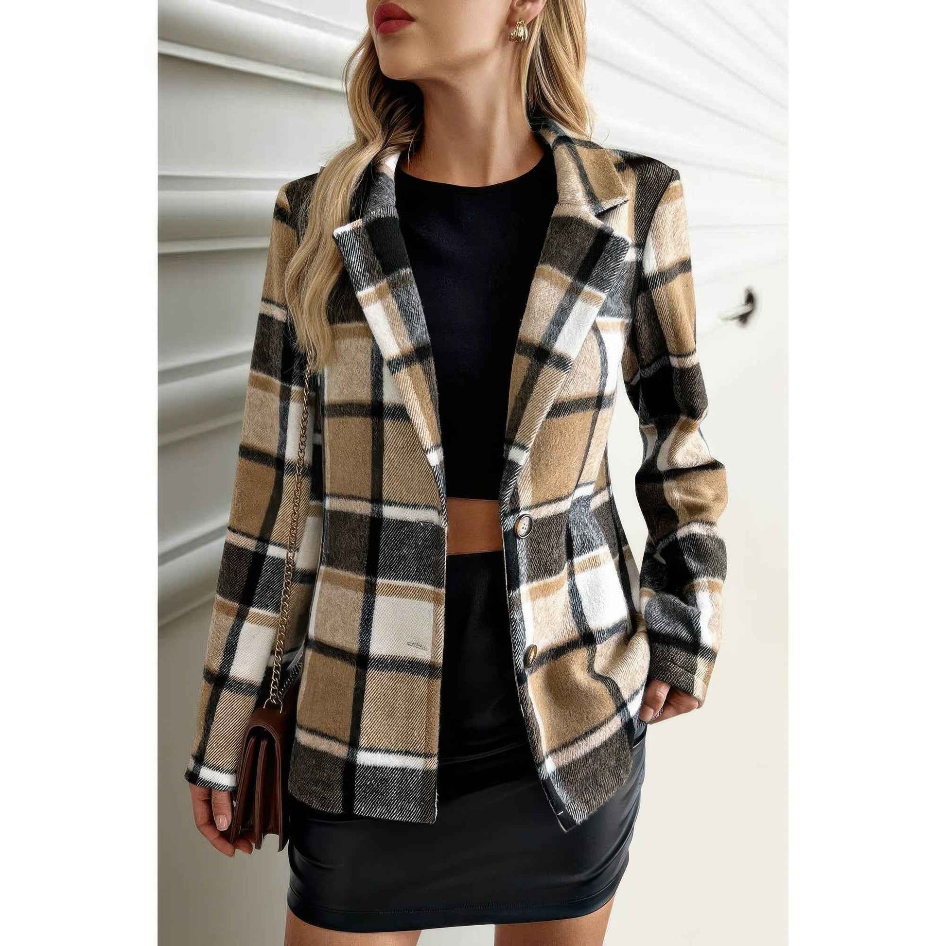 Plaid Lapel Collar Long Sleeve Button Coat