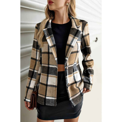 Plaid Lapel Collar Long Sleeve Button Coat