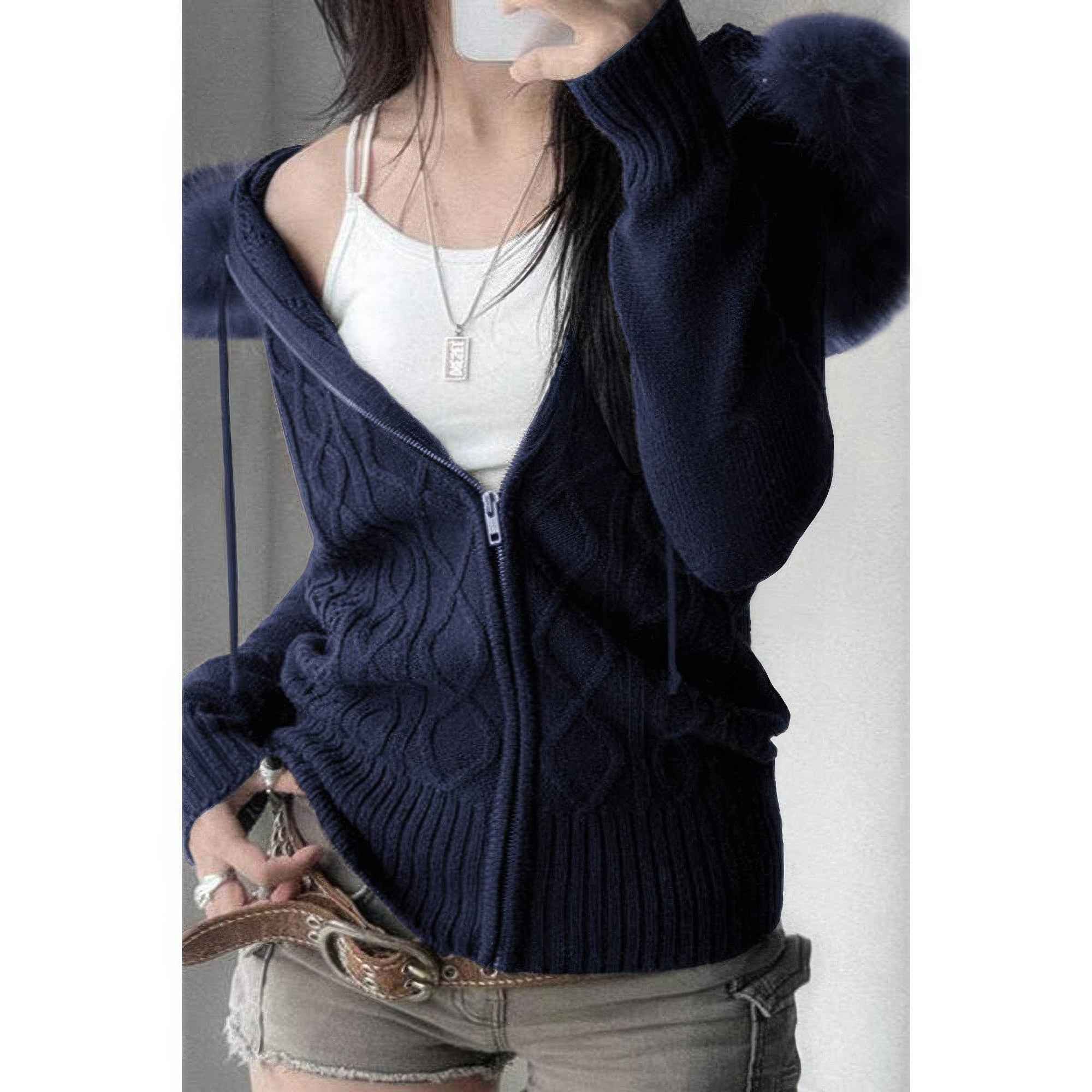 Solid Zipper Twist And Fur Stitching Jacket