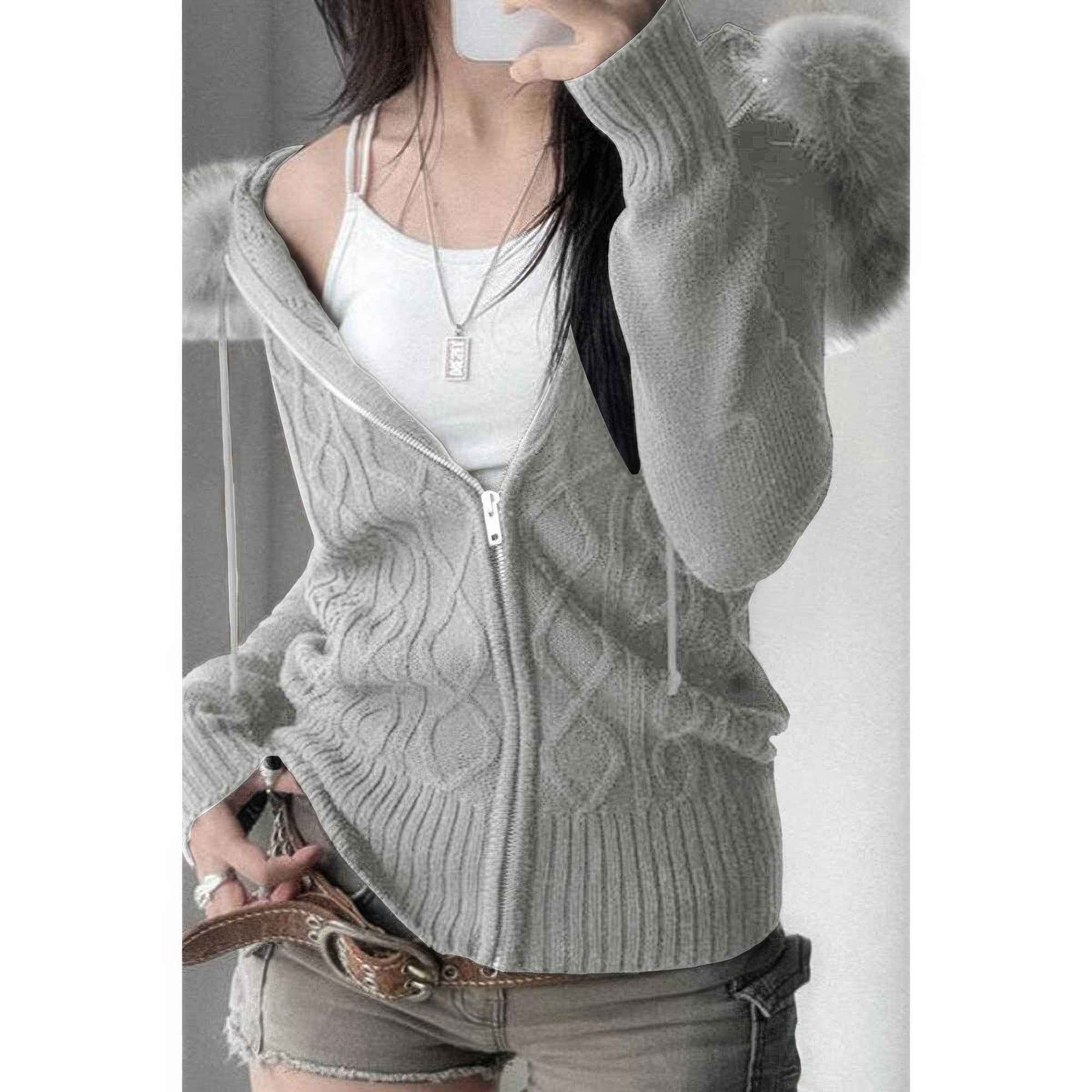 Solid Zipper Twist And Fur Stitching Jacket