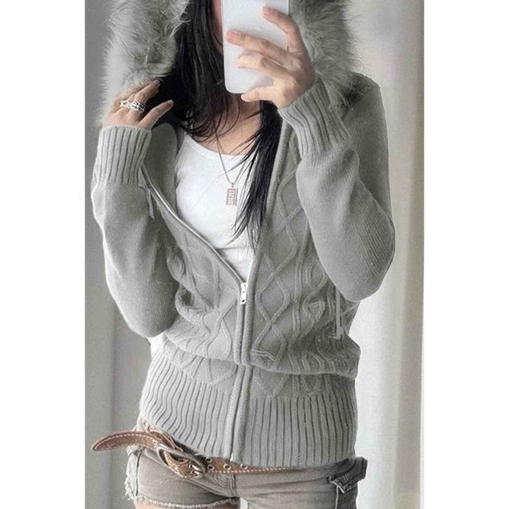 Solid Zipper Twist And Fur Stitching Jacket