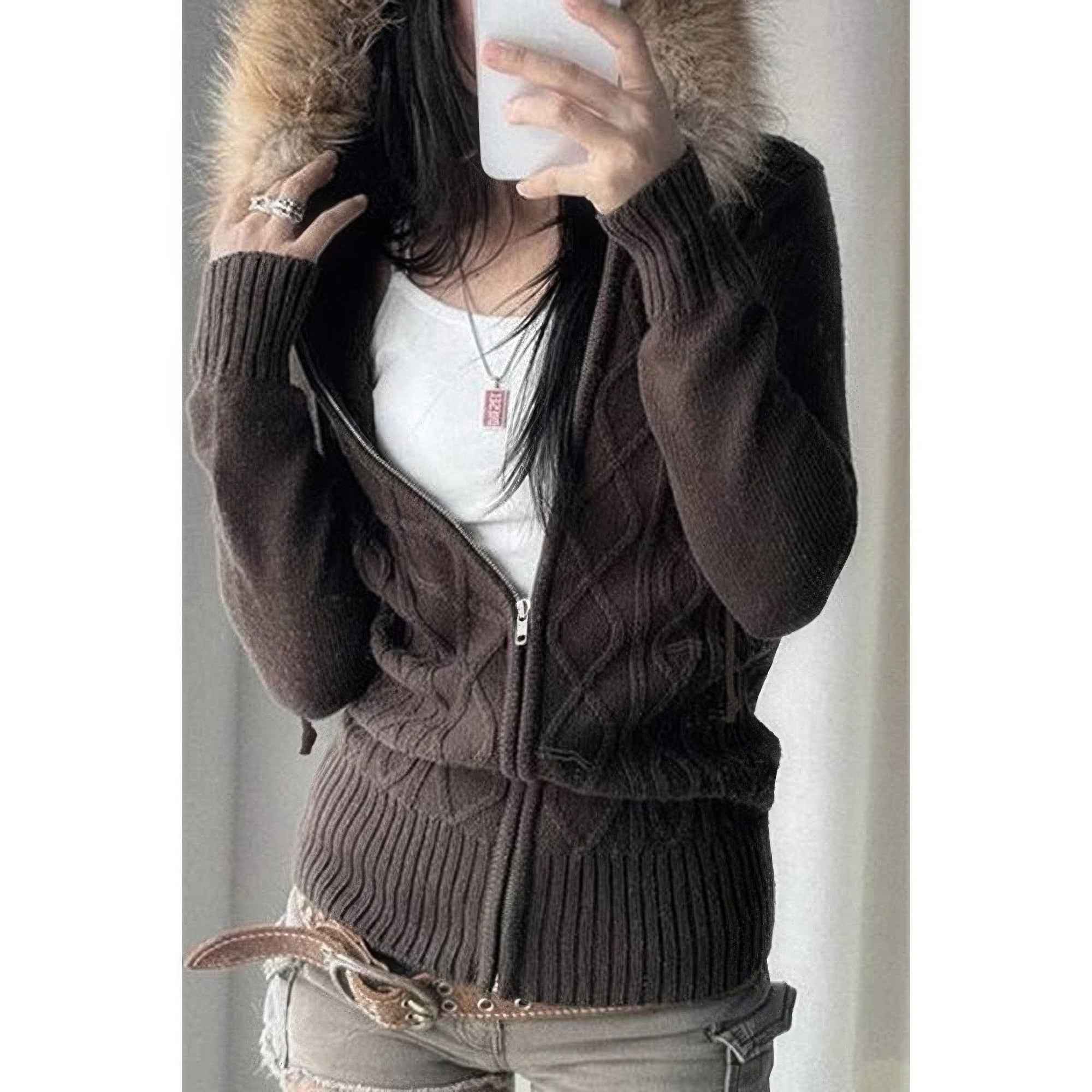 Solid Zipper Twist And Fur Stitching Jacket