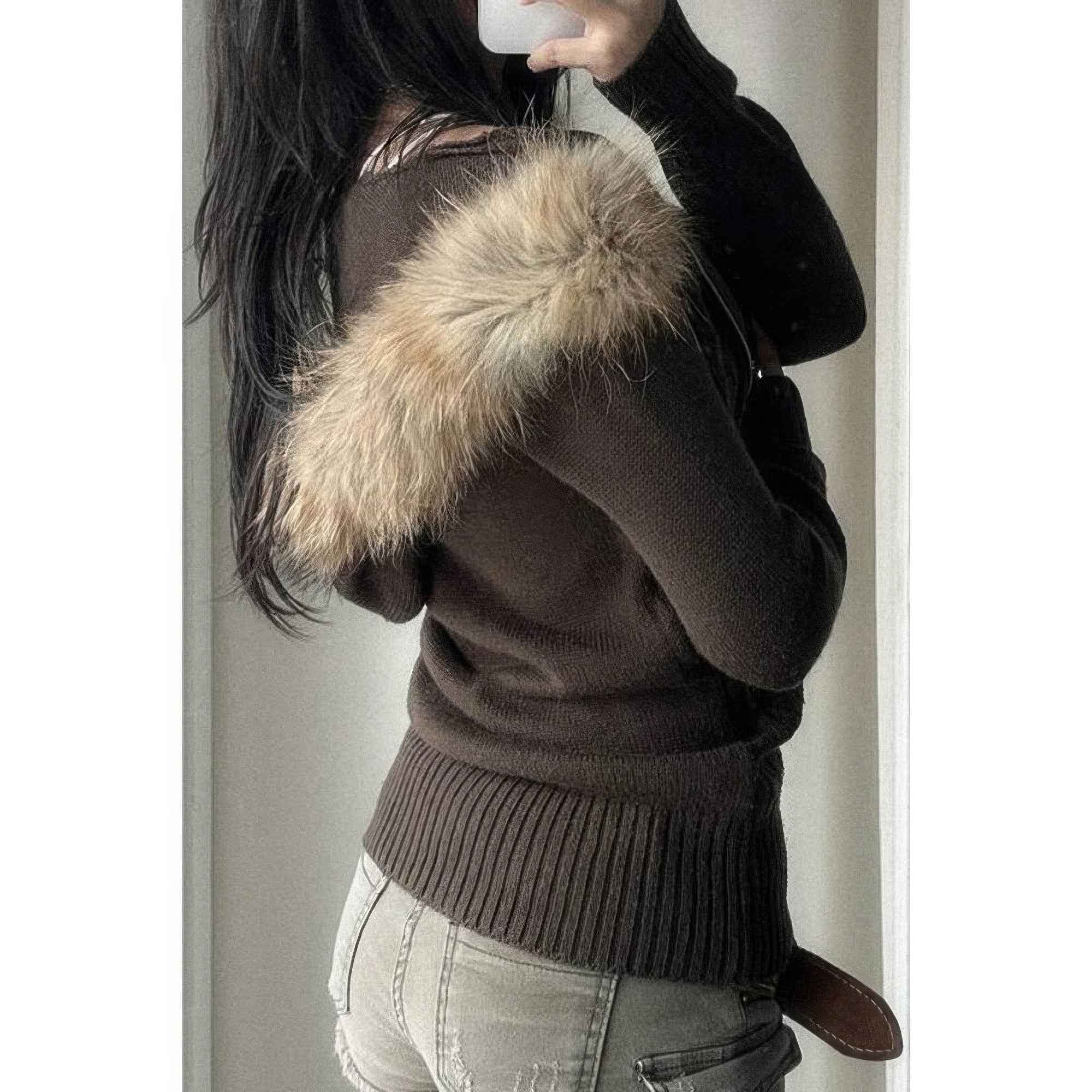Solid Zipper Twist And Fur Stitching Jacket