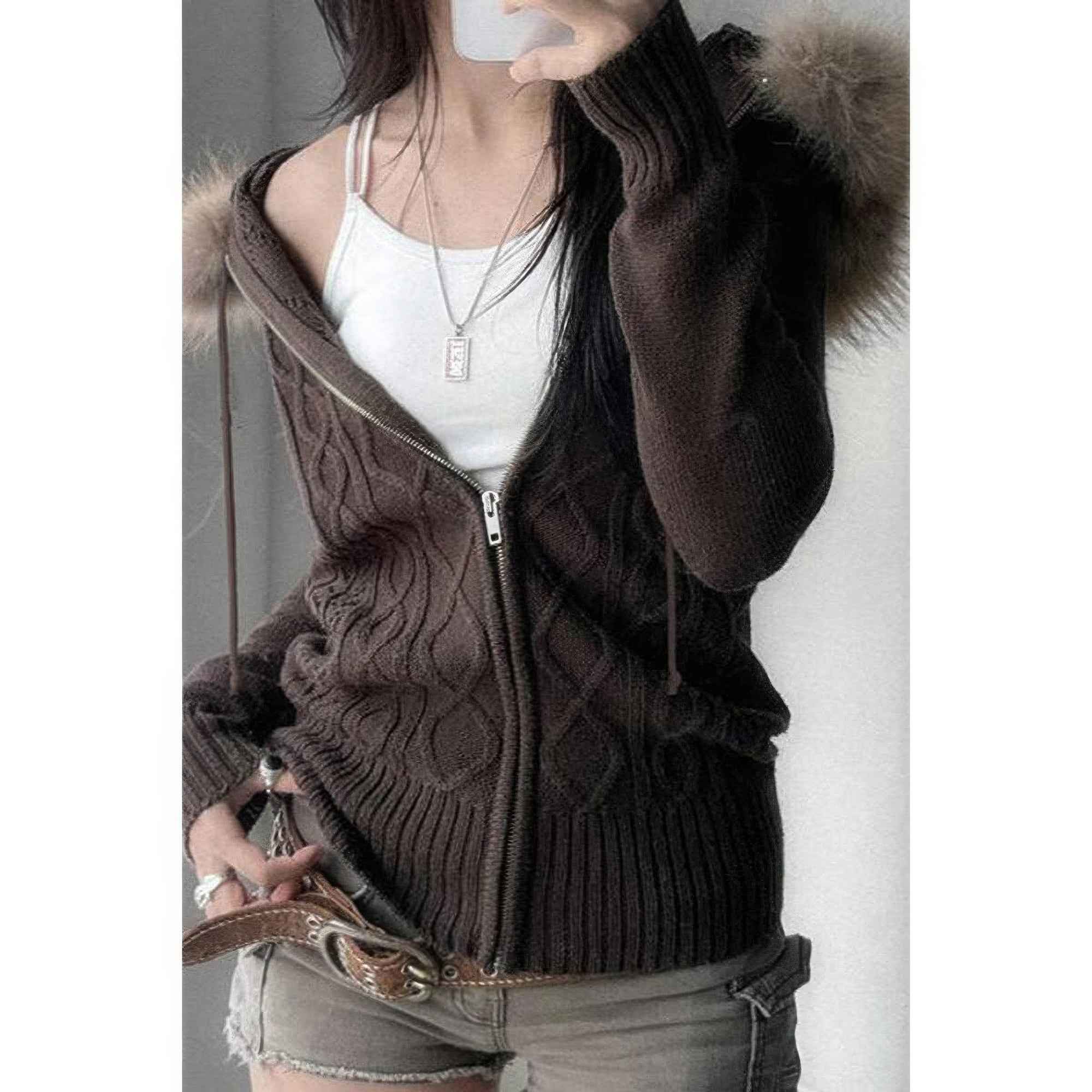 Solid Zipper Twist And Fur Stitching Jacket