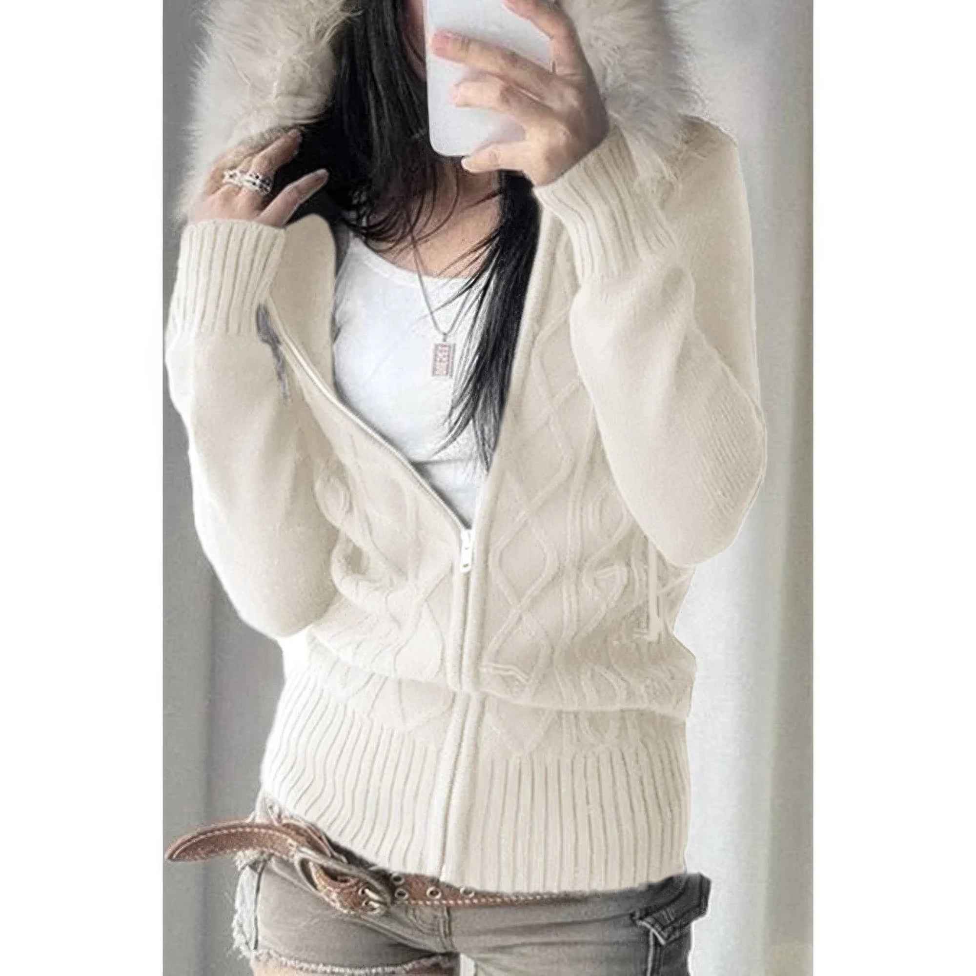 Solid Zipper Twist And Fur Stitching Jacket