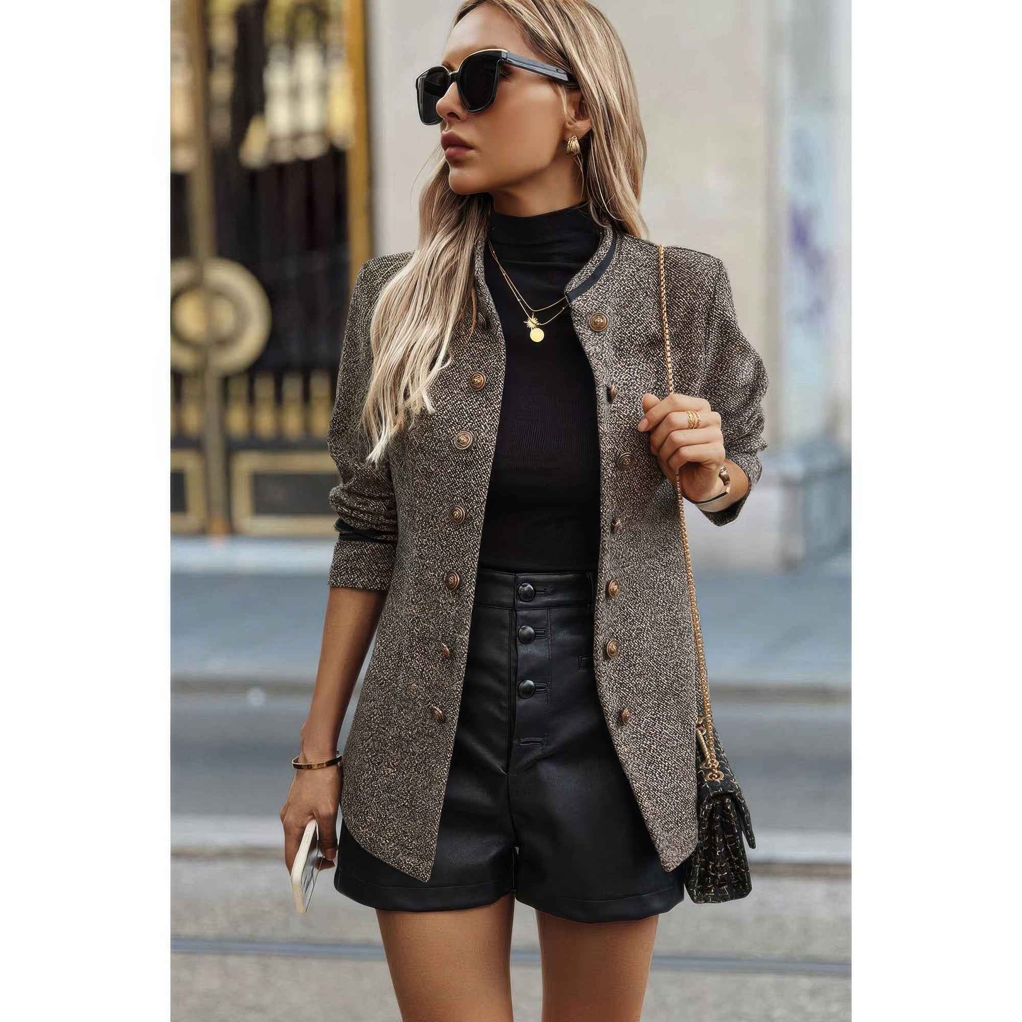 Solid Decorative Button Stand Collar Jacket