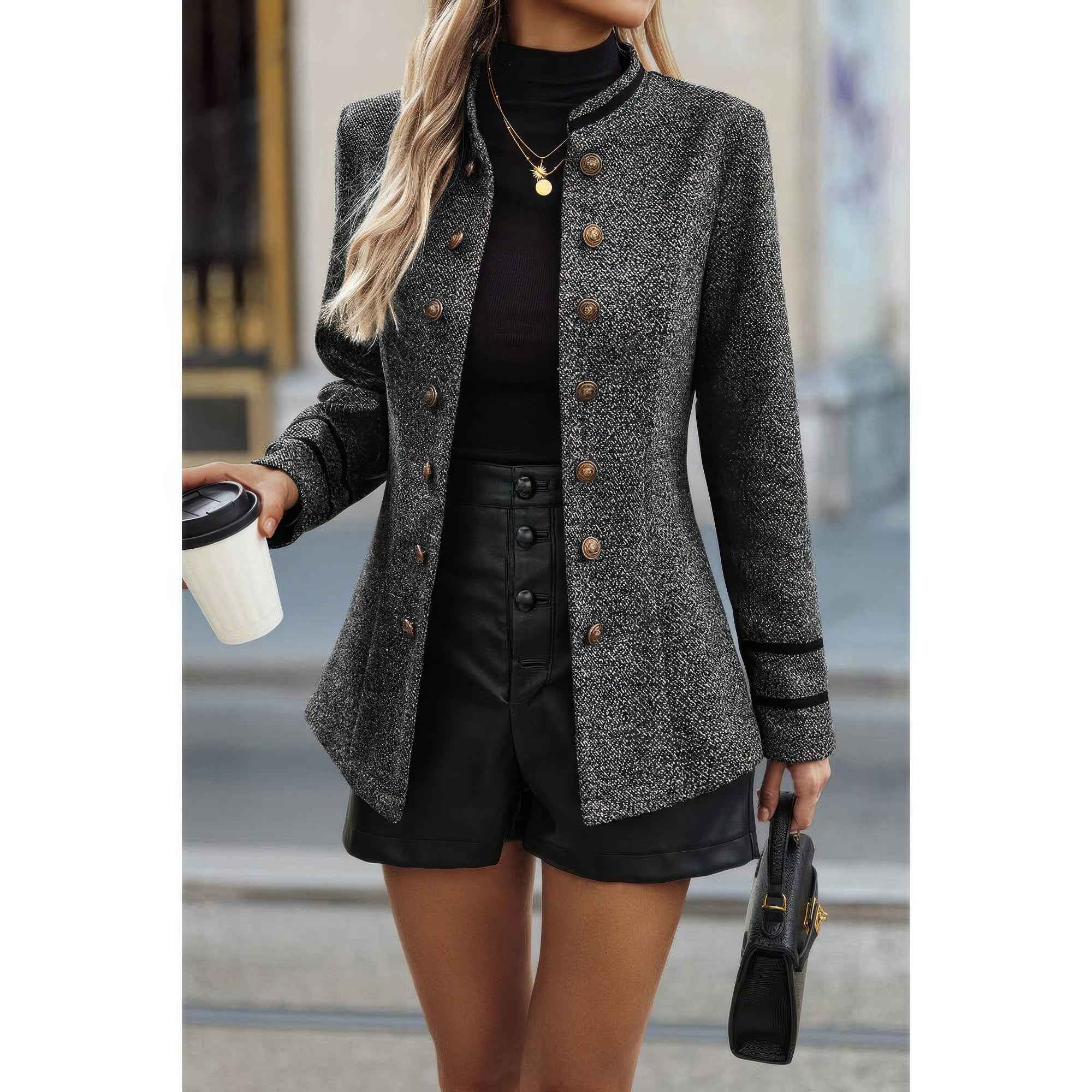 Solid Decorative Button Stand Collar Jacket