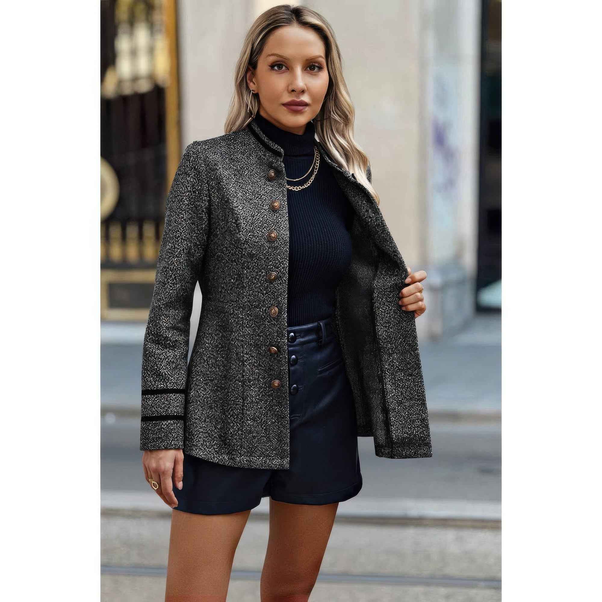 Solid Decorative Button Stand Collar Jacket