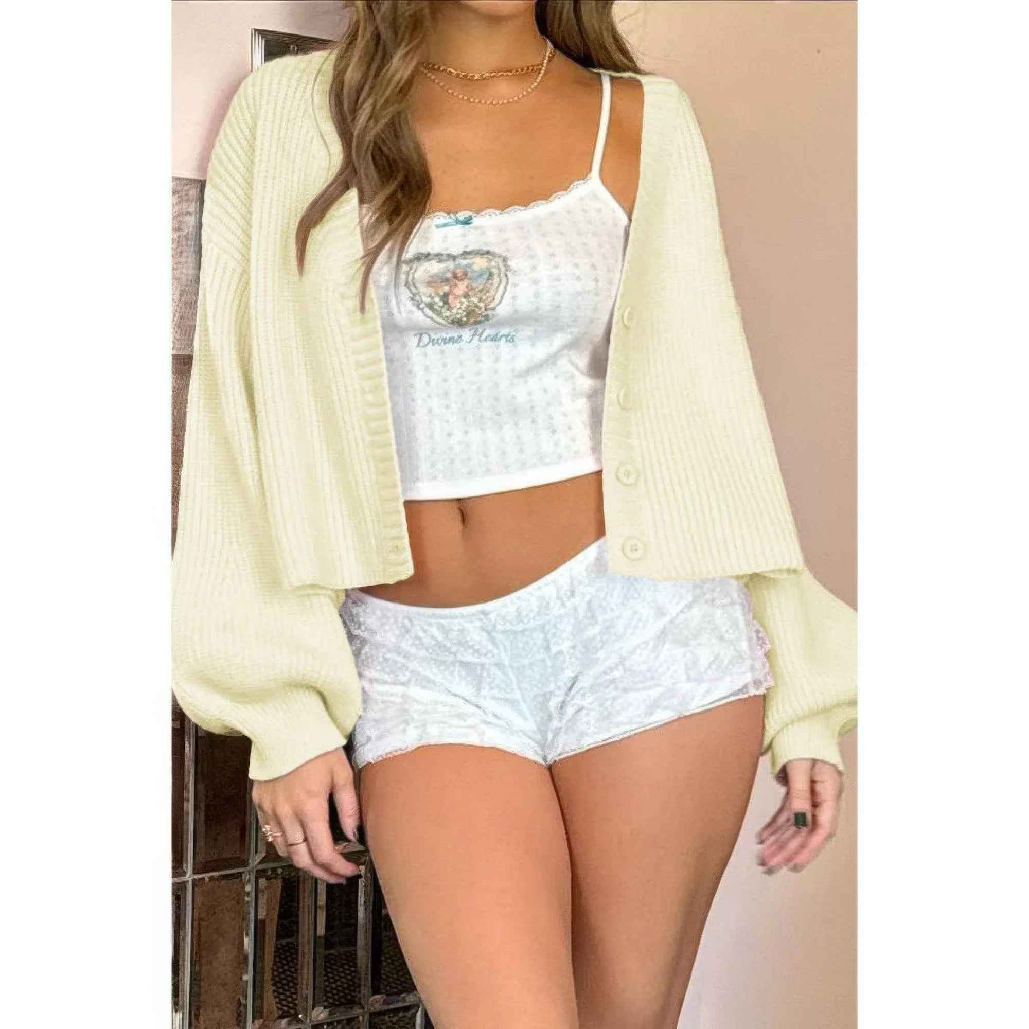 Drop Shoulder Solid Knit V Neck Button Sweater